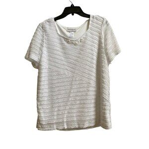 Alfred Dunner Womens White Textured Short-Sleeve Top With Embellished Neckline S